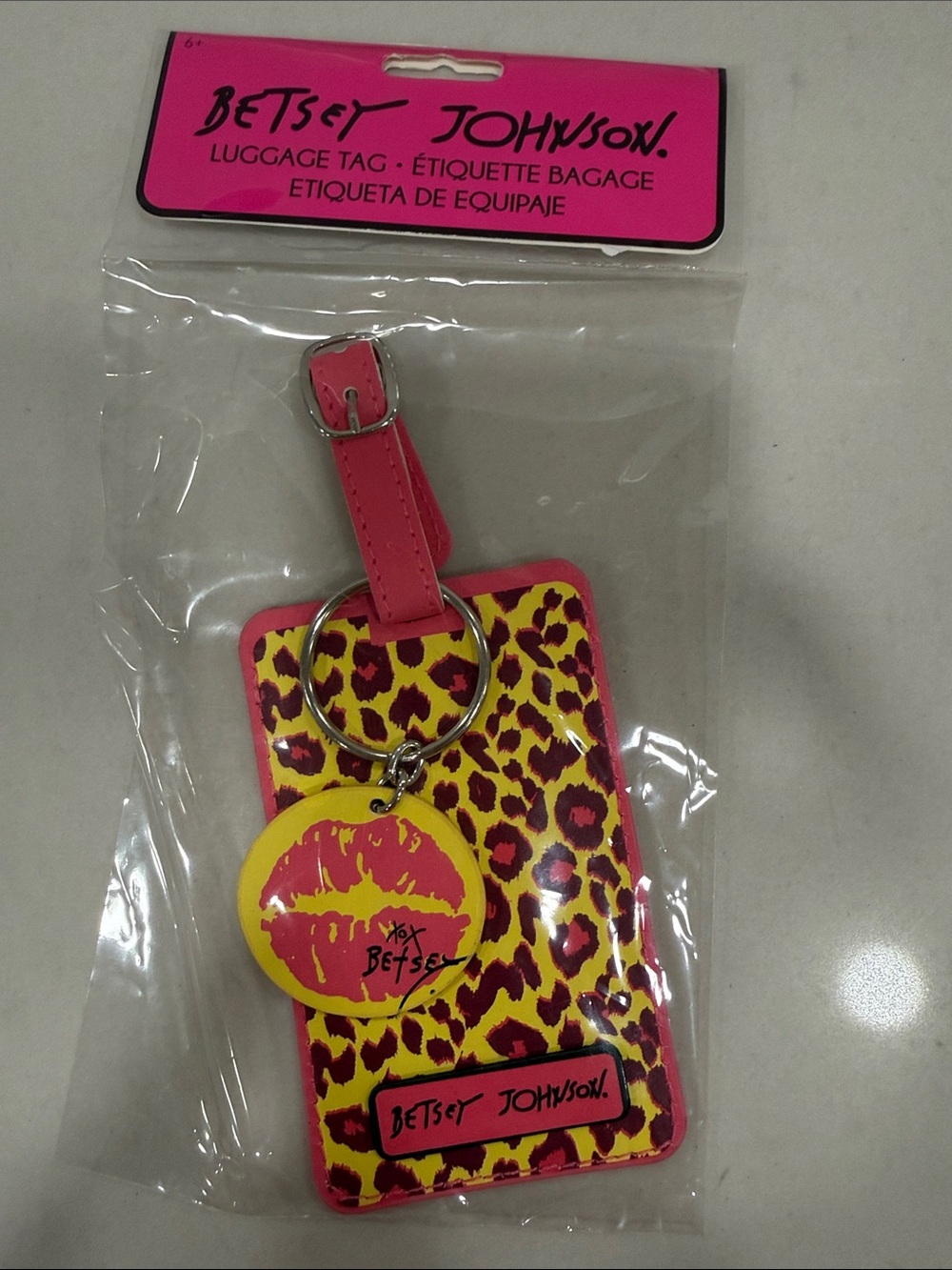 Betsey Johnson Pink and Yellow Leopard Luggage Tag with Lip Charm